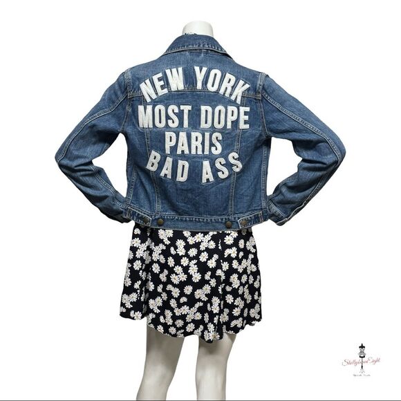 MOUSSY VINTAGE Jeans Denim Trucker Jacket Appliques New York Paris Bad A** S - Picture 8 of 13